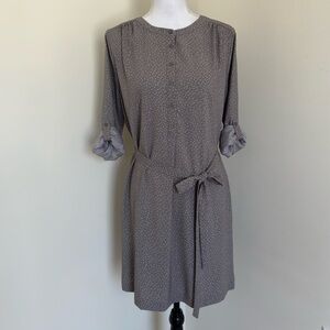 NEW Ann Taylor Loft Gray Tiny White Polka Dot Henley Tie Waist Dress M